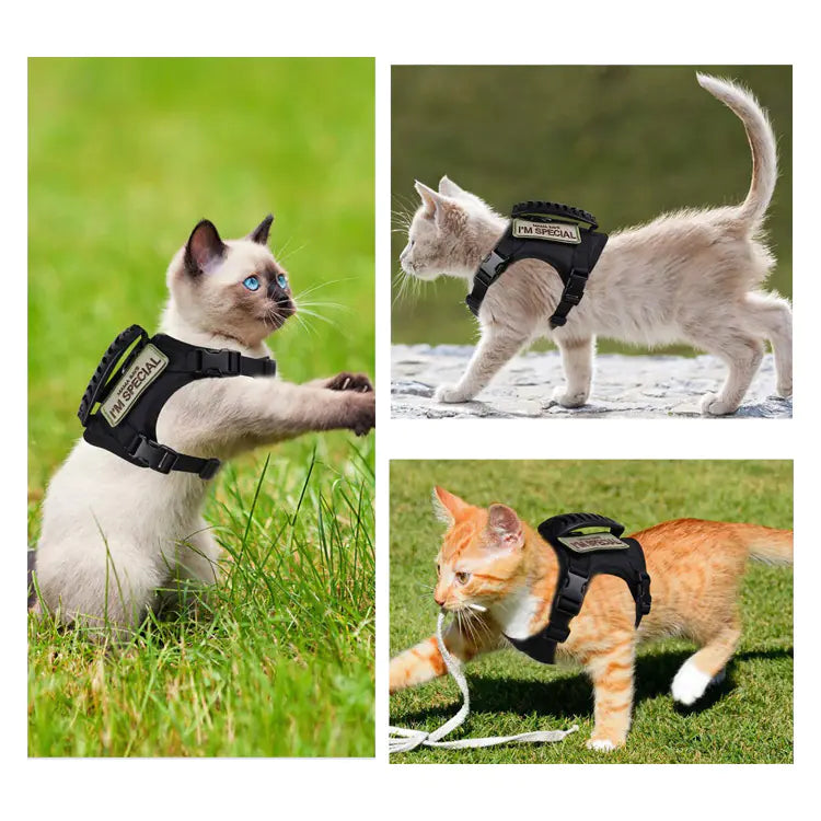 Adjustable Tactical Cat Harness with Leash – Escape-Resistant Vest Harness with Handle and Embroidered Patches (One Size)