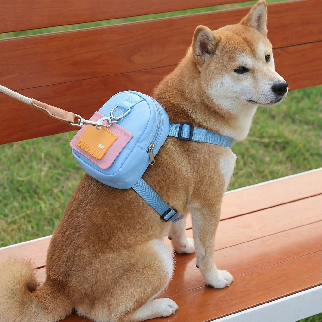 Dog Backpack Harness with Built-In Poop Bag Dispenser – Adjustable Reflective Harness for Walks, Hiking & Travel